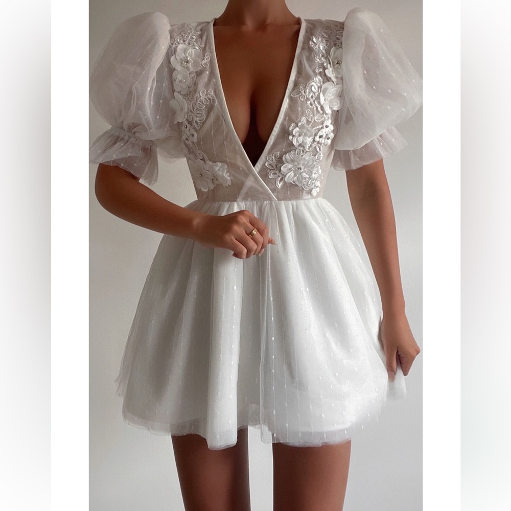 Puff Sleeve Floral Detail Plunge Neck Dress - Showpo Akshia Dress